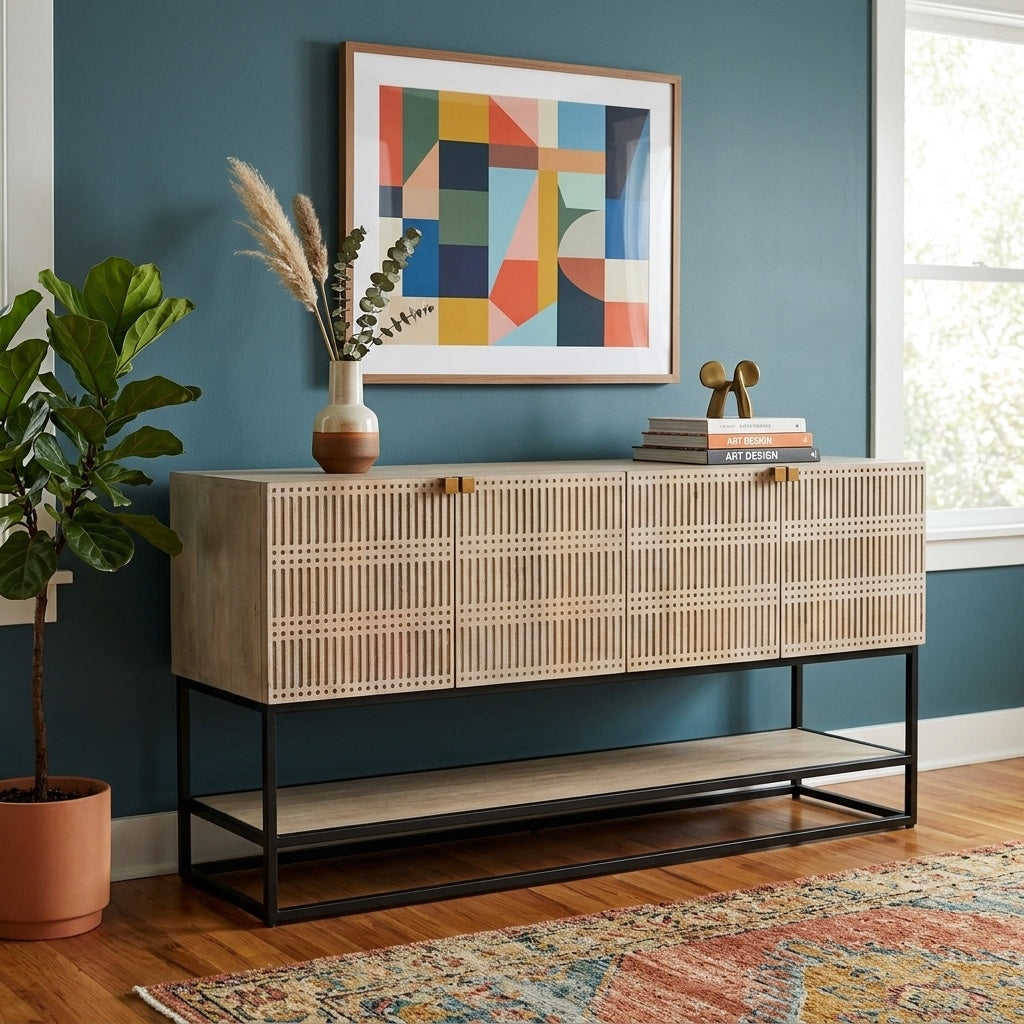 Kelby Media Console styled in a bright Portland mid-century modern interior - Whats New Furniture
