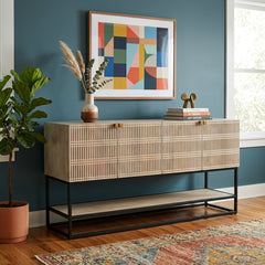 Kelby Media Console styled in a bright Portland mid-century modern interior - Whats New Furniture