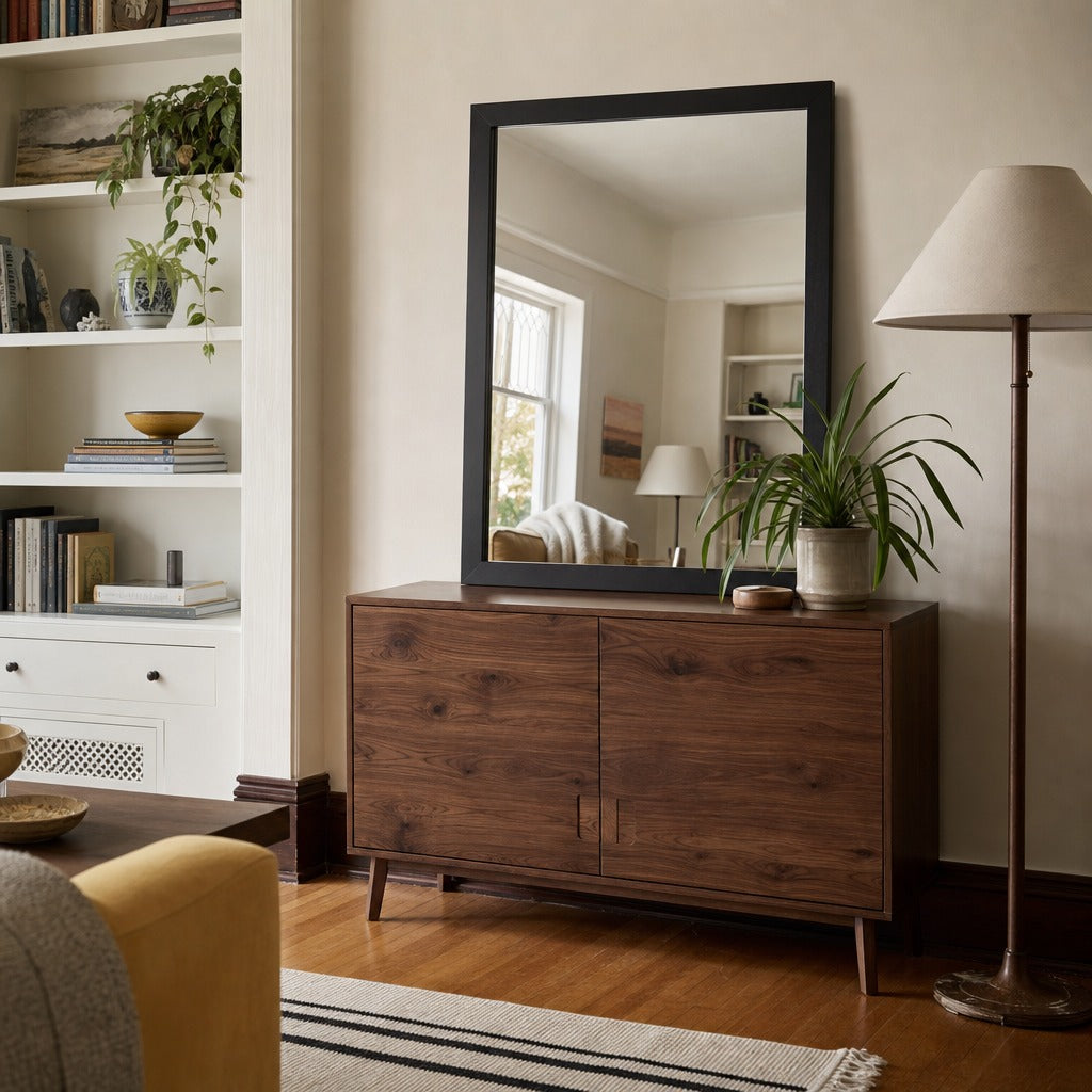 Kendall Dresser Mirror Black styled in Portland Irvington foursquare with original built-ins living room - What&
