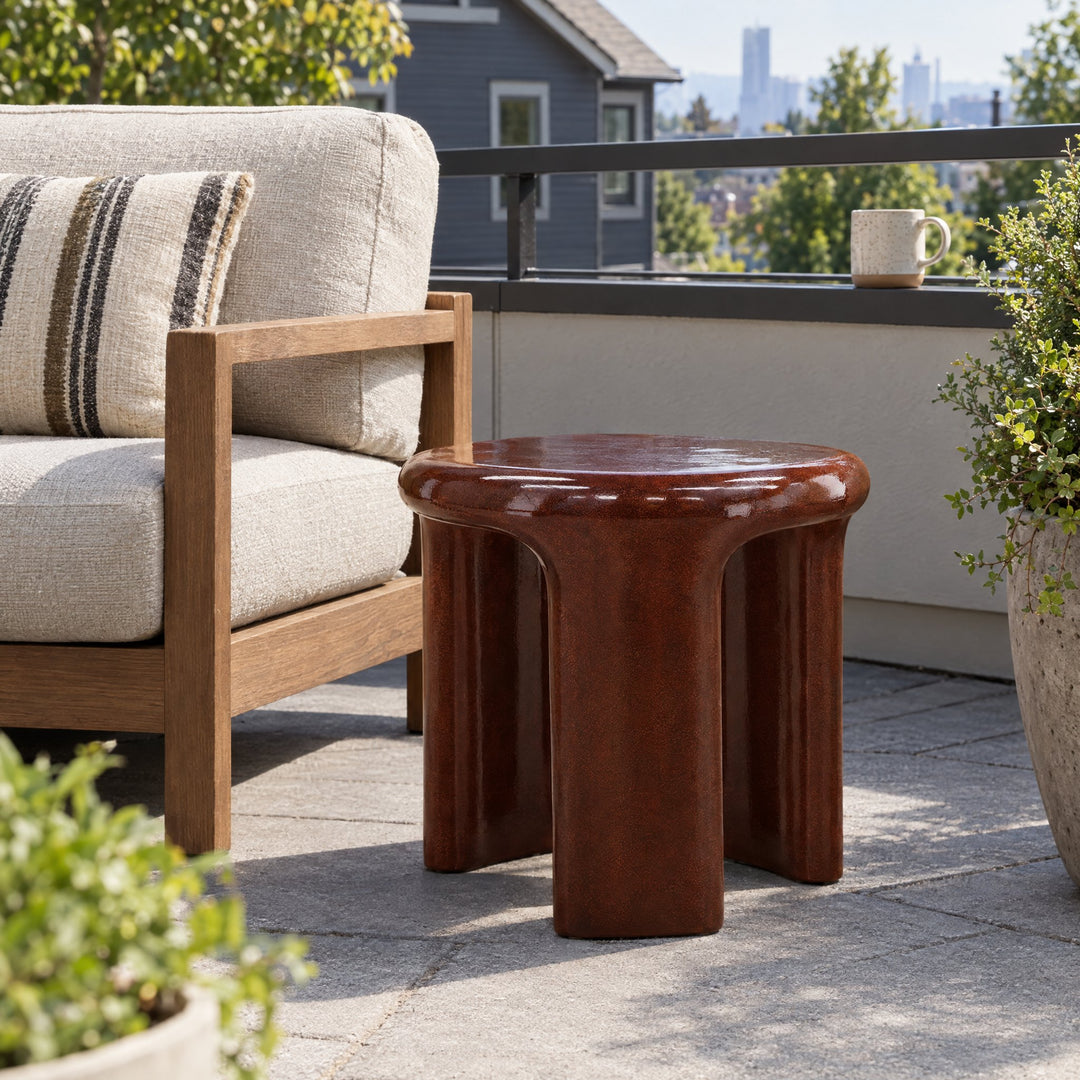 Kevelyn Outdoor Side Table - Rust Concrete in Rust styled in a Portland home - Whats New Furniture