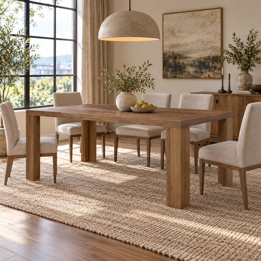 Kingston 86 Inch Herringbone Dining Table in Hazelnut Brown styled in a Portland home - Whats New Furniture Portland