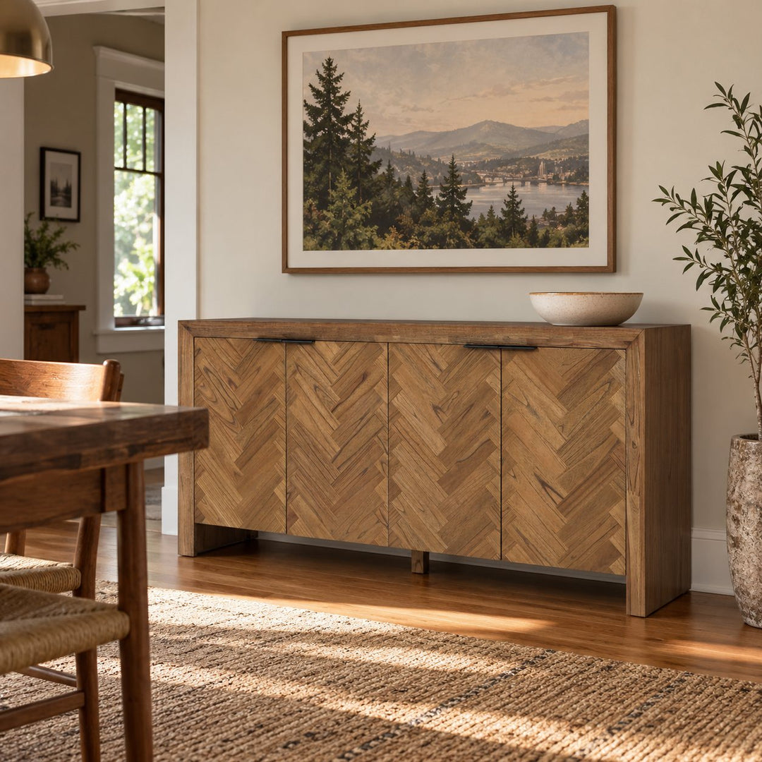 Kingston Herringbone 4-Door Sideboard in Hazelnut Brown styled in a Portland home - Whats New Furniture Portland