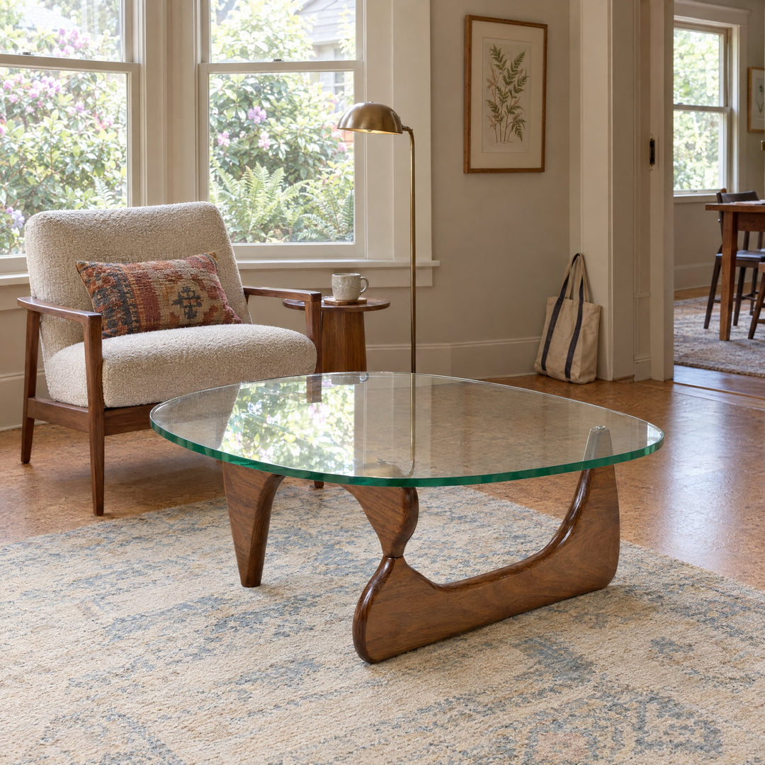Kyoto Walnut Glass Top Coffee Table in Walnut styled in a second Portland room - Whats New Furniture