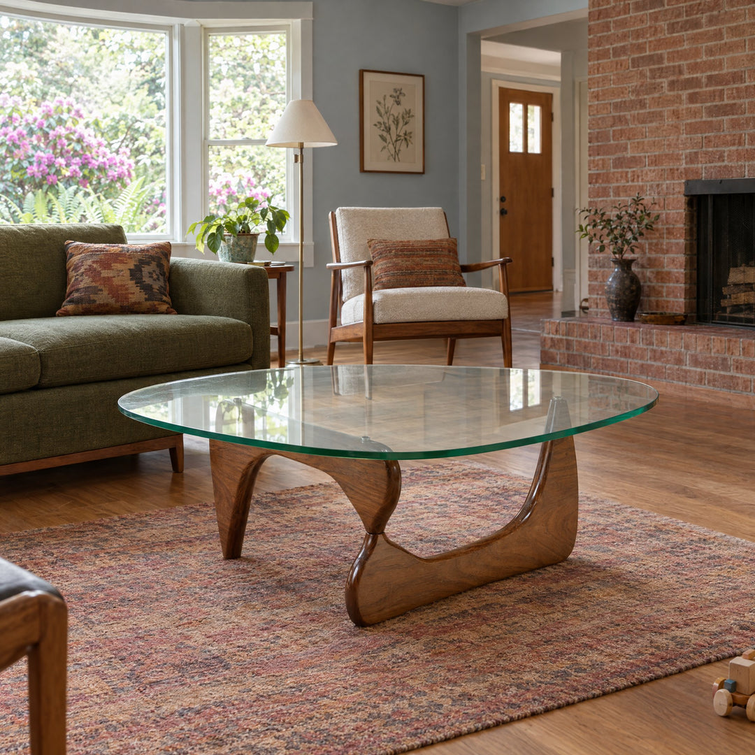 Kyoto Walnut Glass Top Coffee Table in Walnut styled in a Portland home - Whats New Furniture