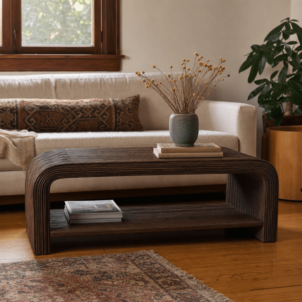Kyran Rattan Coffee Table in Espresso Brown room setting - rattan coffee table by NPD - Whats New Furniture Portland OR