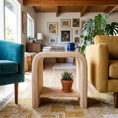 Kyran Rattan Side Table in Natural room setting - natural rattan side table by NPD - Whats New Furniture Portland OR
