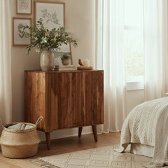 Lada Cabinet Walnut in walnut corner detail - solid acacia storage cabinet by Zuo - Whats New Furniture Portland OR