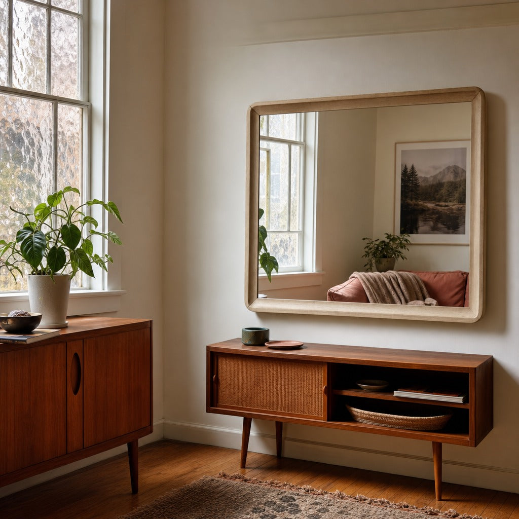 Ladera Dresser Mirror Light Elm styled in Portland Montavilla cottage living room - What&
