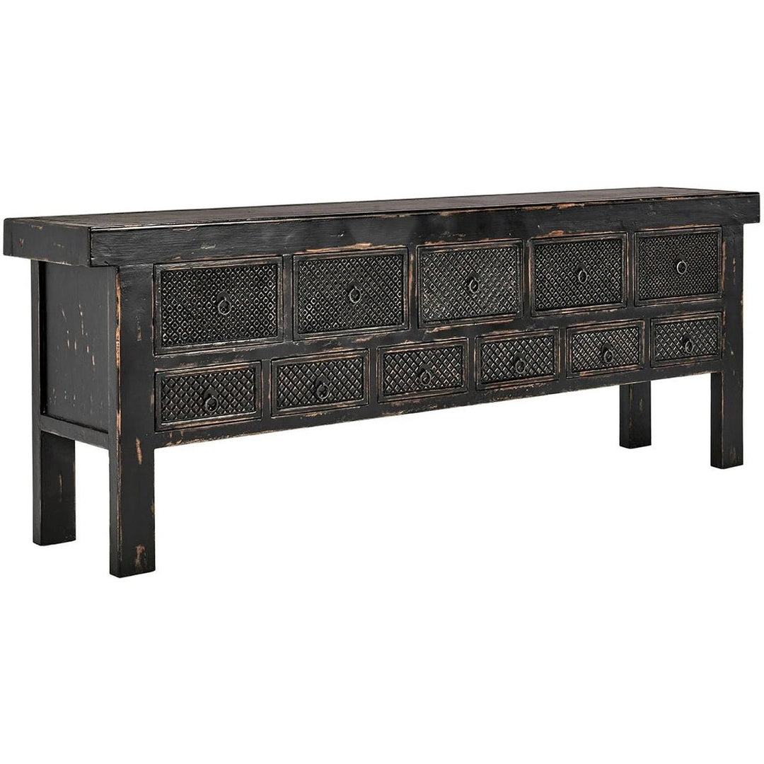 Lahey 11 Drawer Rectangle Console in Antique Pine alternate angle - reclaimed wood console by Classic Home - Whats New Furniture Portland OR