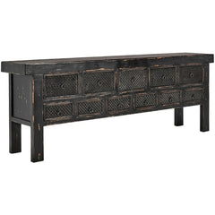 Lahey 11 Drawer Rectangle Console in Antique Pine alternate angle - reclaimed wood console by Classic Home - Whats New Furniture Portland OR