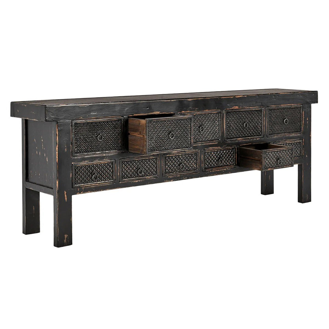 Lahey 11 Drawer Rectangle Console in Antique Pine alternate front view - reclaimed wood console by Classic Home - Whats New Furniture Portland OR