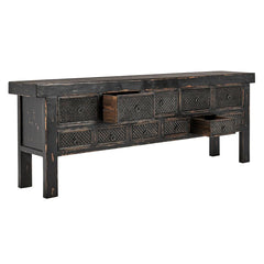 Lahey 11 Drawer Rectangle Console in Antique Pine alternate front view - reclaimed wood console by Classic Home - Whats New Furniture Portland OR