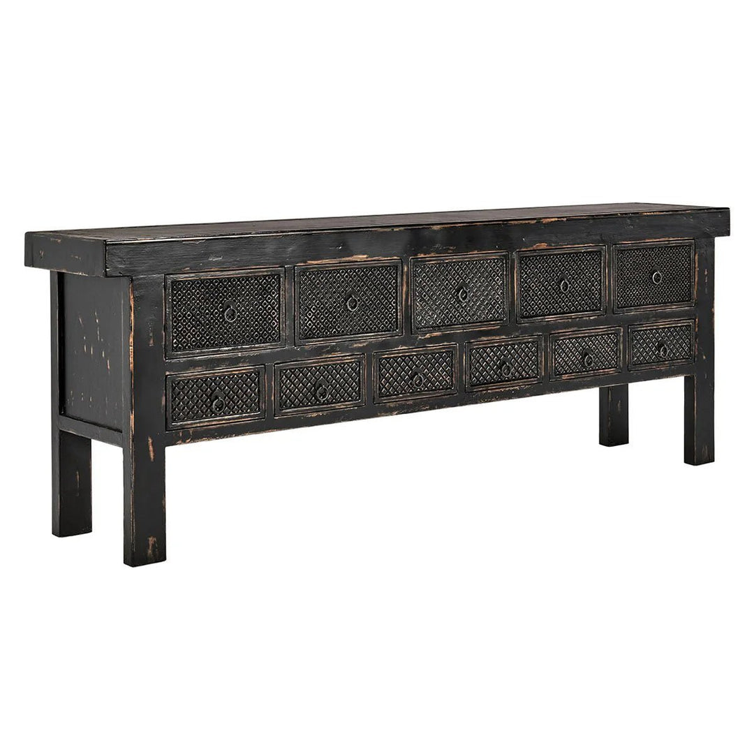 Lahey 11 Drawer Rectangle Console in Antique Pine side angle - reclaimed wood console by Classic Home - Whats New Furniture Portland OR