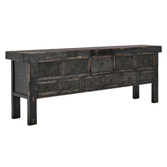 Lahey 11 Drawer Rectangle Console in Antique Pine side angle - reclaimed wood console by Classic Home - Whats New Furniture Portland OR