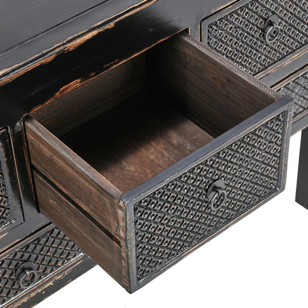 Lahey 11 Drawer Rectangle Console in Antique Pine open drawer view - reclaimed wood console by Classic Home - Whats New Furniture Portland OR