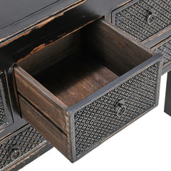 Lahey 11 Drawer Rectangle Console in Antique Pine open drawer view - reclaimed wood console by Classic Home - Whats New Furniture Portland OR