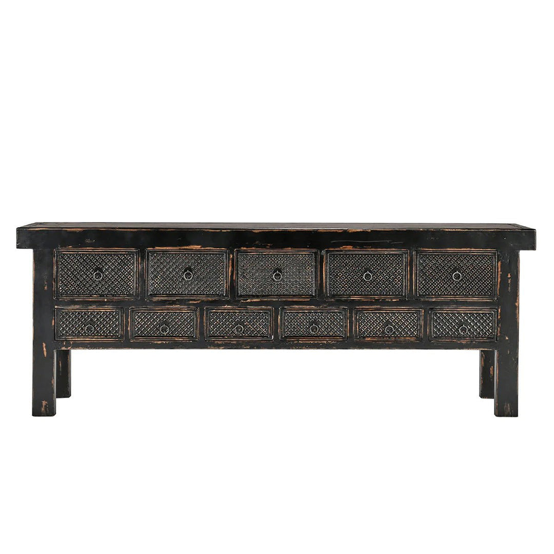 Lahey 11 Drawer Rectangle Console in Antique Pine - reclaimed wood console by Classic Home - Whats New Furniture Portland OR