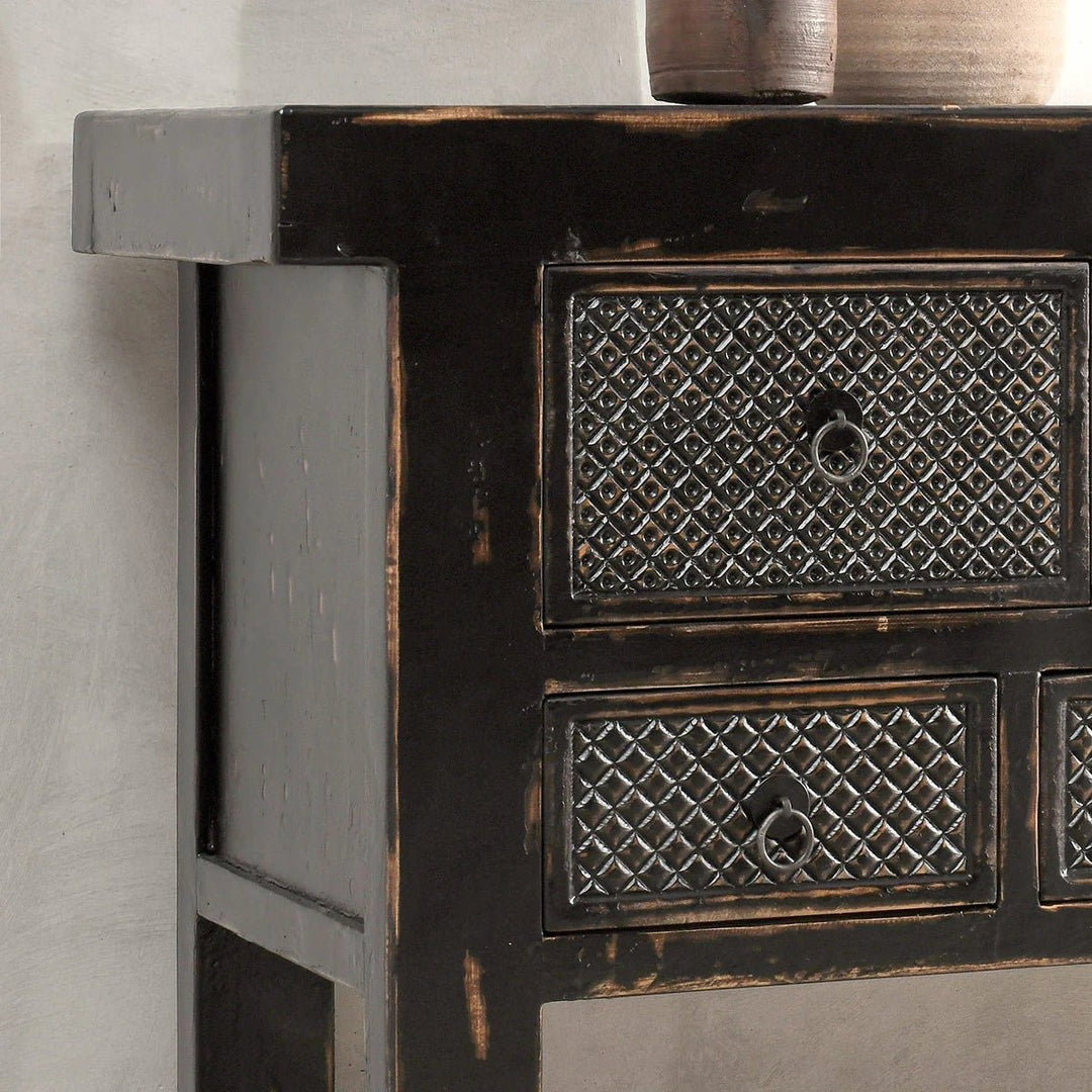 Lahey 11 Drawer Rectangle Console in Antique Pine room detail - reclaimed wood console by Classic Home - Whats New Furniture Portland OR