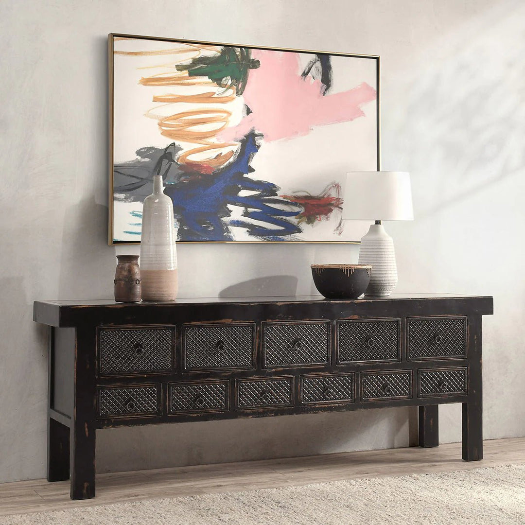 Lahey 11 Drawer Rectangle Console in Antique Pine room setting - reclaimed wood console by Classic Home - Whats New Furniture Portland OR