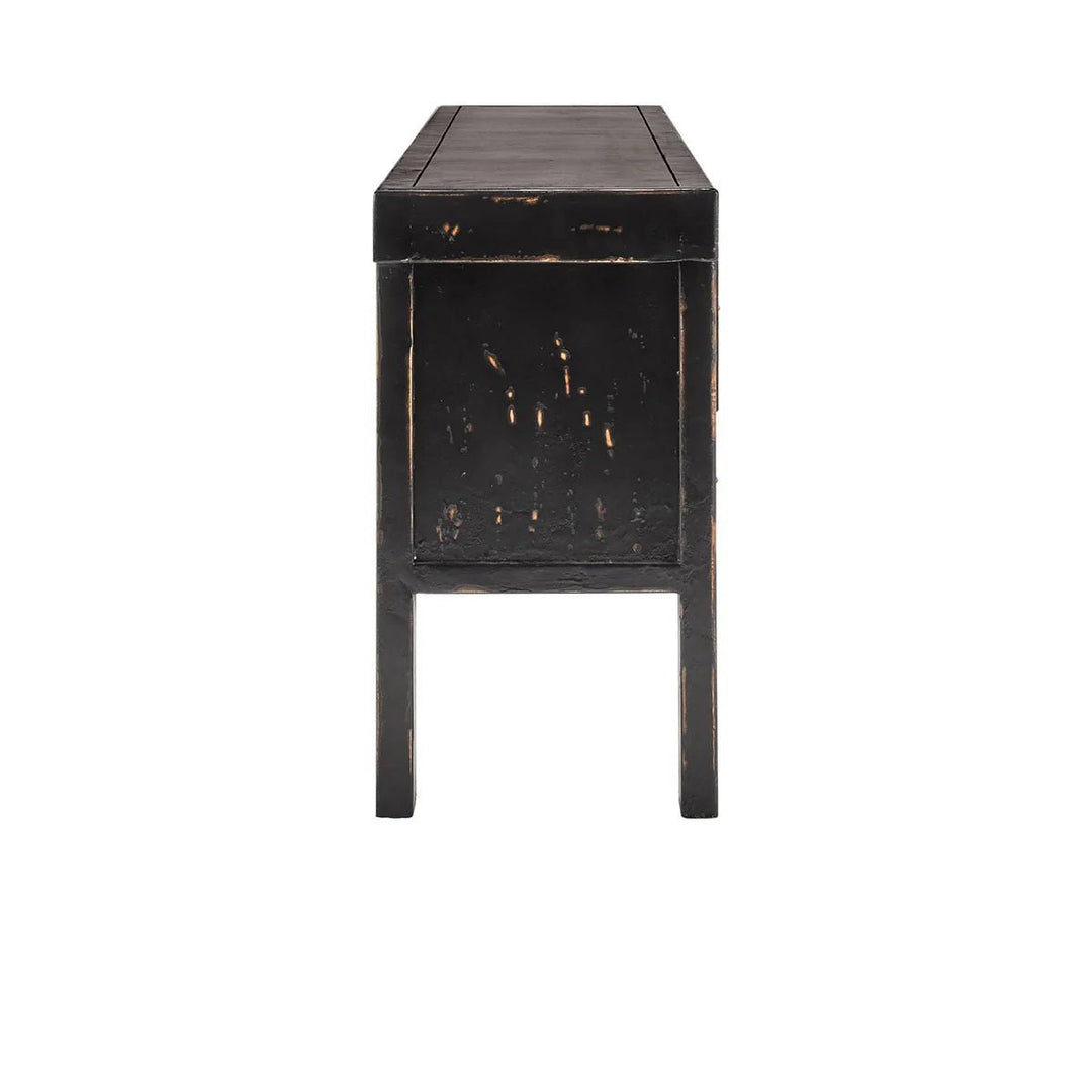 Lahey 11 Drawer Rectangle Console in Antique Pine side view - reclaimed wood console by Classic Home - Whats New Furniture Portland OR