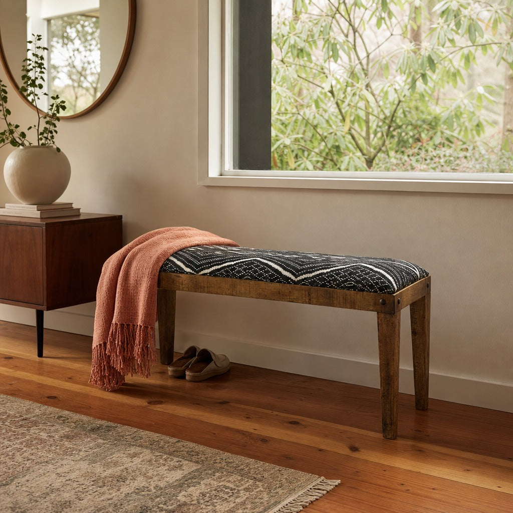 Lamont Fabric Upholstered Accent Bench Black And Natural styled in Portland 1960s Garden Home ranch living room - What&