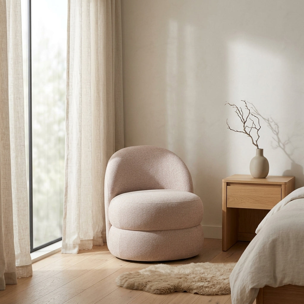 Lancaster Swivel Chair in Agnes Light Pink lifestyle setting - sculptural boucle swivel chair private label - Whats New Furniture Portland OR