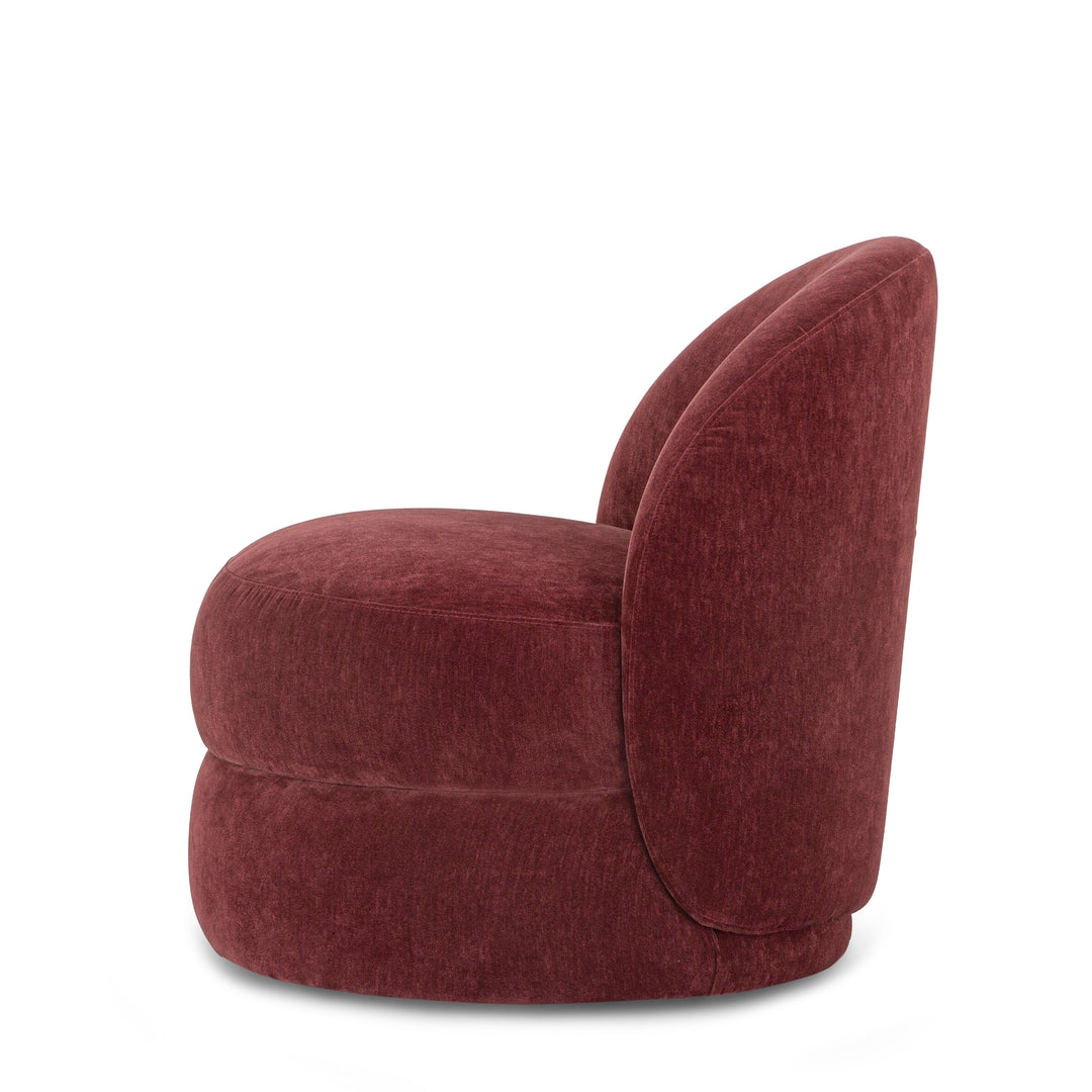 Lancaster Swivel Chair in Canna Claret side view - sculptural boucle swivel chair private label - Whats New Furniture Portland OR
