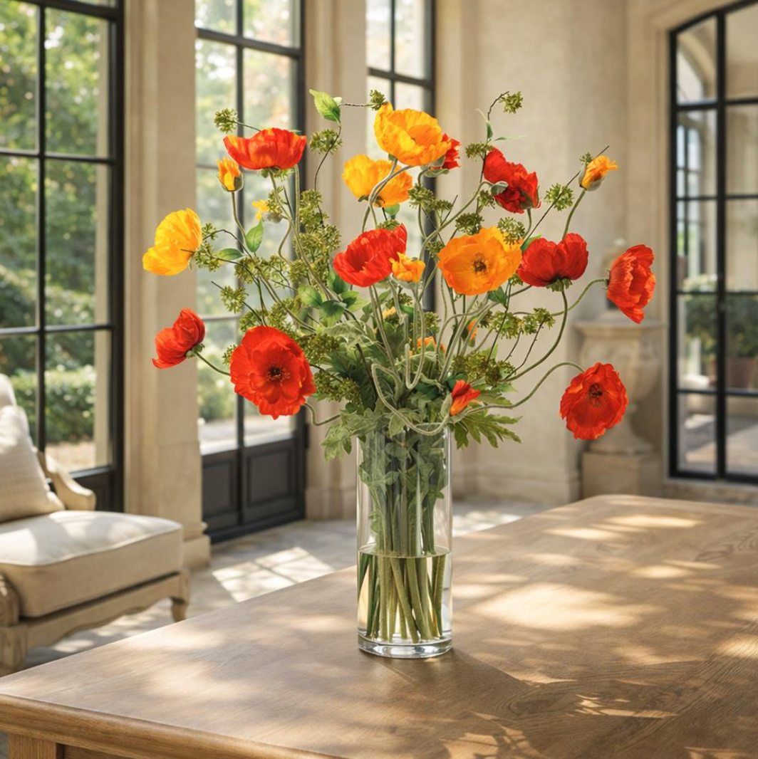 Large Mix Poppies in Tall Glass Vase Orange Red in Orange Red room setting - faux poppy arrangement - Whats New Furniture Portland OR