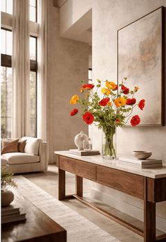 Large Mix Poppies in Tall Glass Vase Orange Red in Orange Red styled room setting - faux poppy arrangement - Whats New Furniture Portland OR