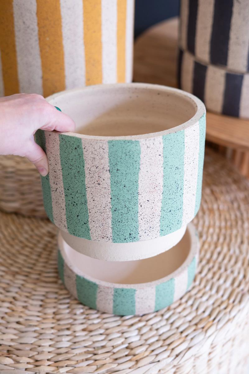 Large Striped Clay Planter with Tray — view 4