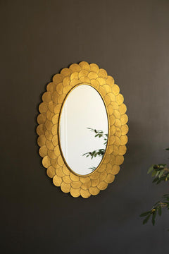 Layered Antique Gold Scallop Oval Wall Mirror hung straight on a dark wall - mirrors by Kalalou - Whats New Furniture Portland OR