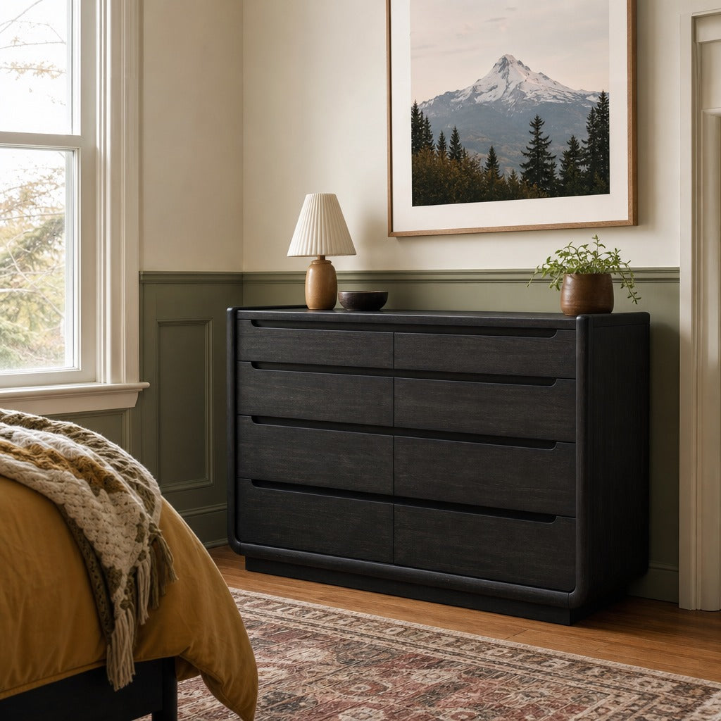 Leandro 8 Drawer Bedroom Dresser Cabinet Burnished Black styled in Portland Irvington foursquare with original built-ins living room - What&