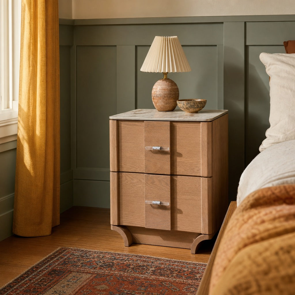 Leanne 2 Drawer Sinter Stone Top Nightstand Light Oak styled in Portland Hawthorne Craftsmbungalow living room - What&