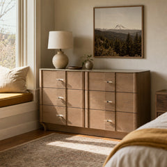 Leanne 6 Drawer Sinter Stone Top Dresser Cabinet Light Oak styled in Portland St. Johns bungalow living room - What&