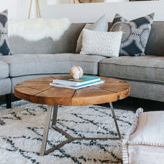 Leon Coffee Table in Reclaimed Teak room setting - round coffee table by NPD - Whats New Furniture Portland OR