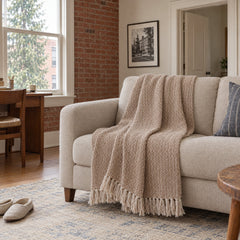 Leon Oversized Throw in Taupe styled in a Portland home - Whats New Furniture