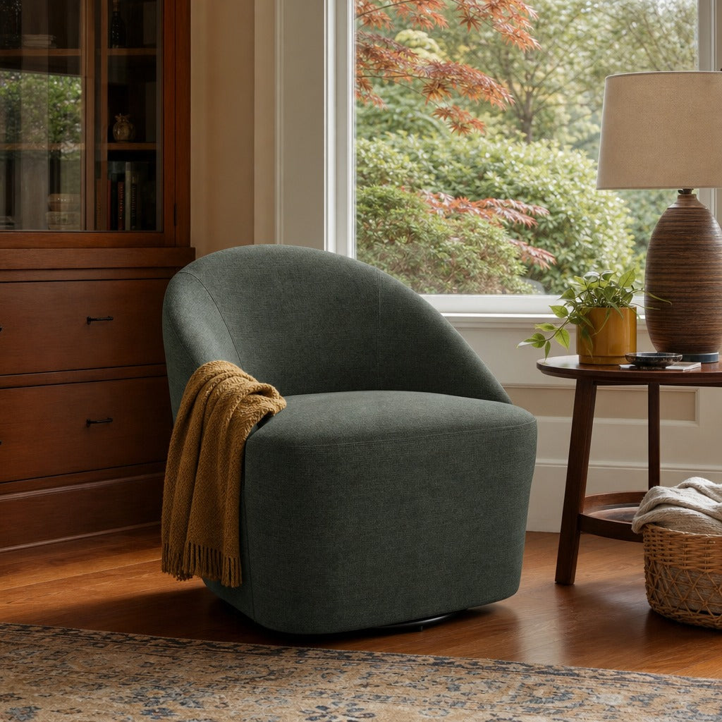 Leon Upholstered Barrel Accent Swivel Chair Hunter Green styled in Portland Irvington foursquare with original built-ins living room - What&