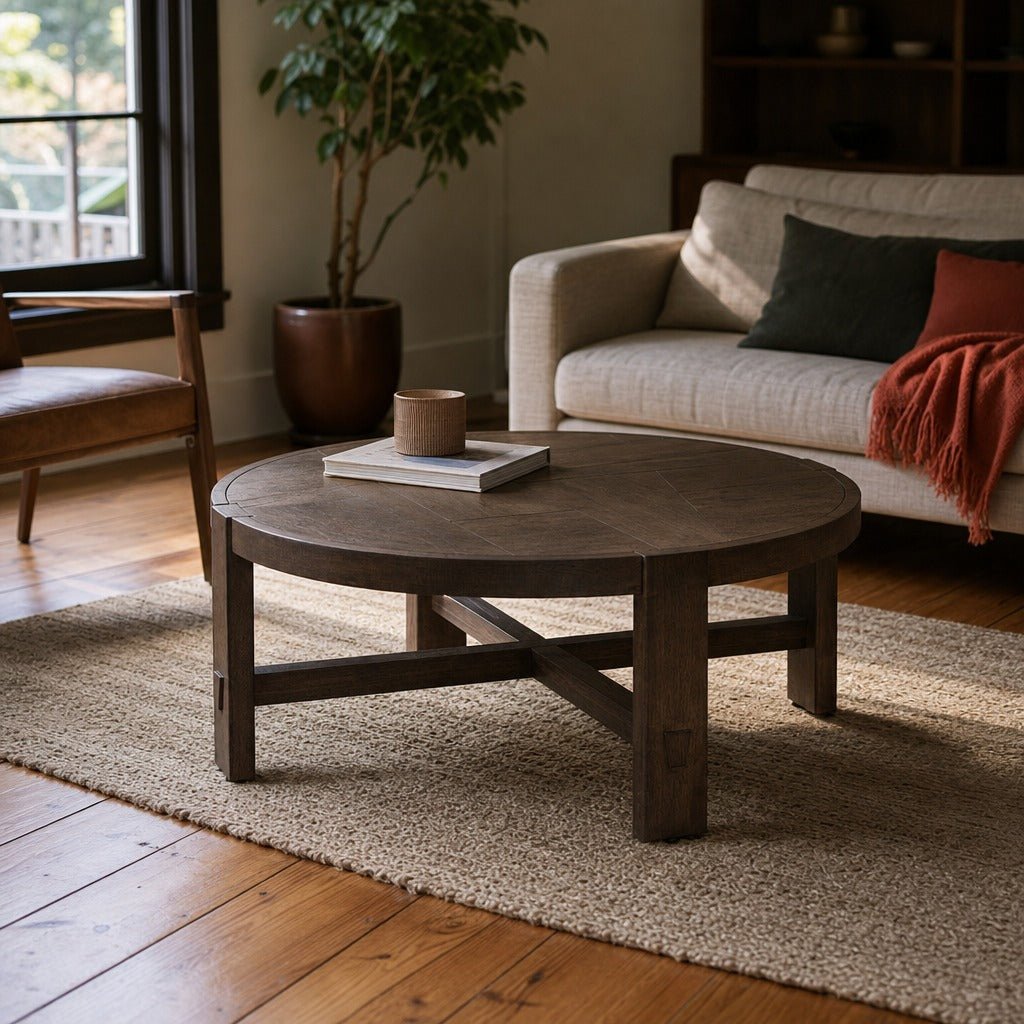 Abstract Coffee Table in Smoked Acacia styled in Portland AlbertArts foursquare living room - Whats New Furniture