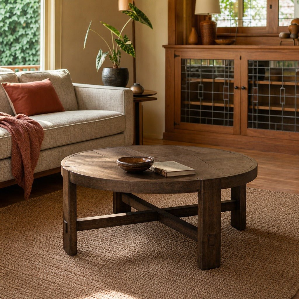 Abstract Coffee Table in Smoked Acacia styled in Portland 1960s Garden Home ranch living room - Whats New Furniture