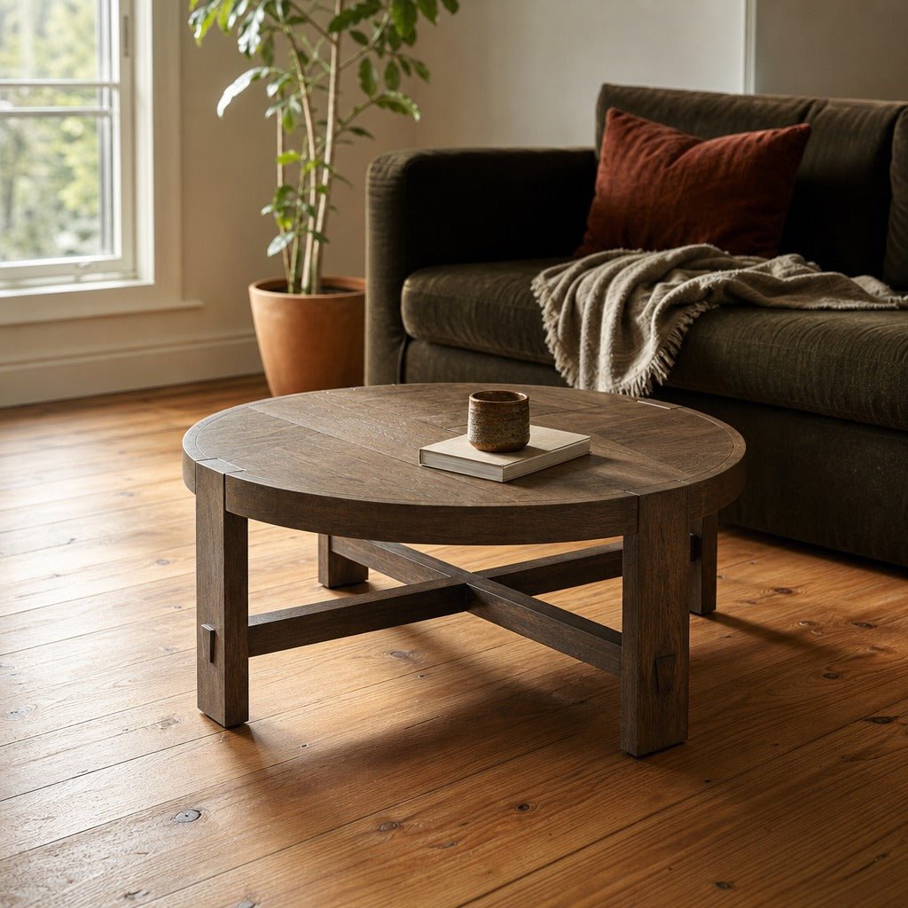 Abstract Coffee Table in Smoked Acacia styled in Portland AlbertArts foursquare living room - Whats New Furniture
