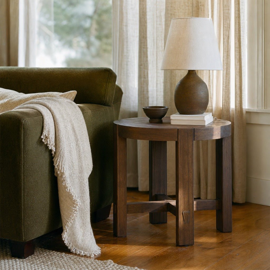 Abstract Side Table in Smoked Acacia styled in Portland Sellwood cottage living room - Whats New Furniture