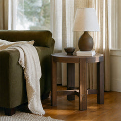 Abstract Side Table in Smoked Acacia styled in Portland Sellwood cottage living room - Whats New Furniture