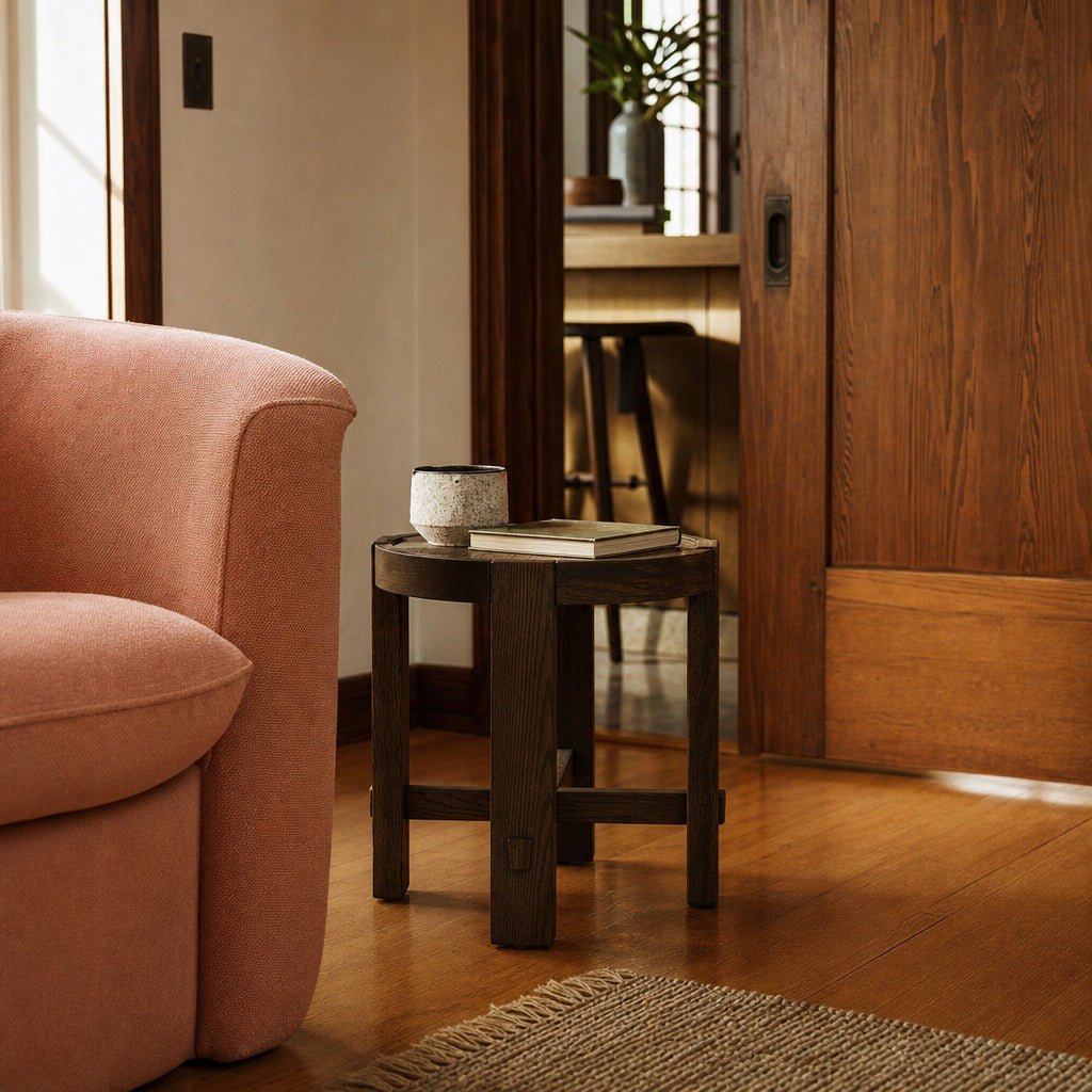 Abstract Side Table styled in Portland Laurelhurst Tudor cottage living room - Whats New Furniture