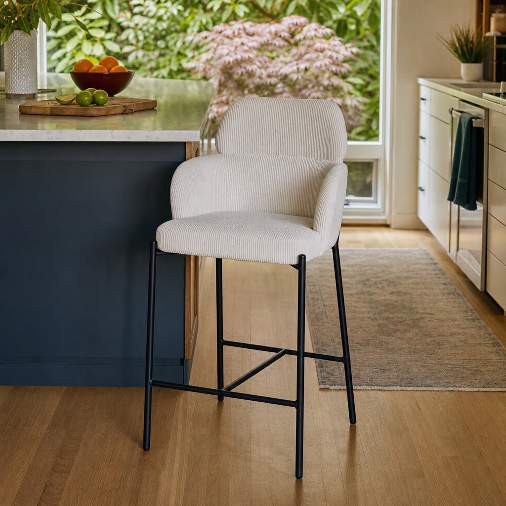 Allegra Counter Stool in Corduroy White styled in Portland Mt. Tabor mid-century daylight ranch kitchen - Whats New Furniture