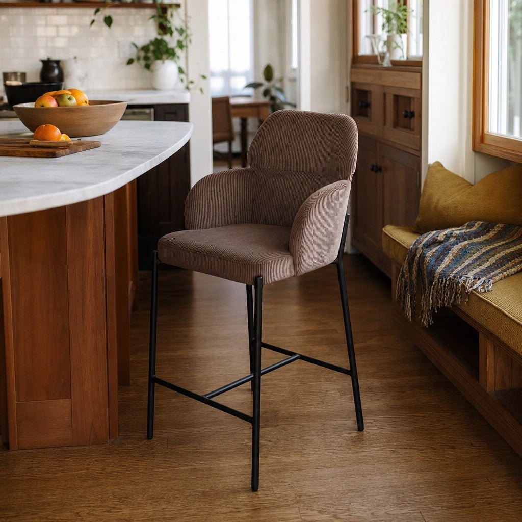 Allegra Counter Stool in Corduroy Brown styled in Portland Irvington foursquare with original built-ins kitchen - Whats New Furniture