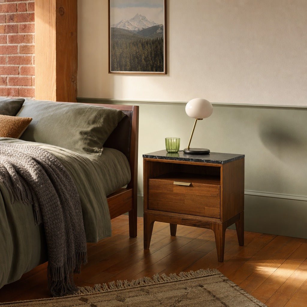 Allure Nightstand styled in Portland converted warehouse flat with warm exposed brick and fir timber beams (no steel, no concrete) bedroom - Whats New Furniture
