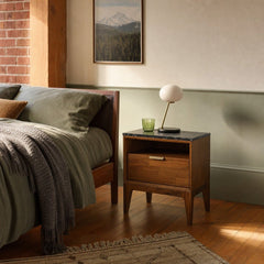 Allure Nightstand styled in Portland converted warehouse flat with warm exposed brick and fir timber beams (no steel, no concrete) bedroom - Whats New Furniture