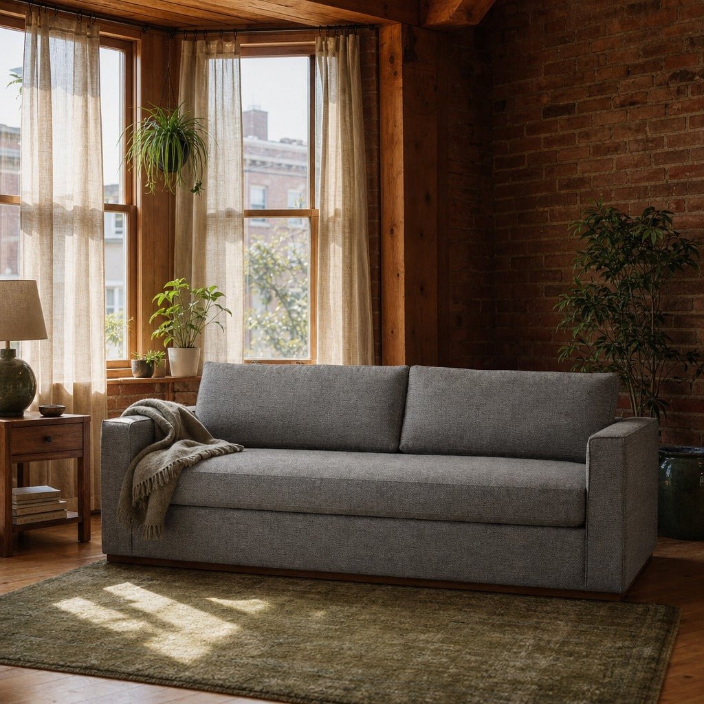 Anderson Sofa in Shadow Grey styled in Portland converted warehouse flat with warm exposed brick and fir timber beams (no steel, no concrete) living room - Whats New Furniture