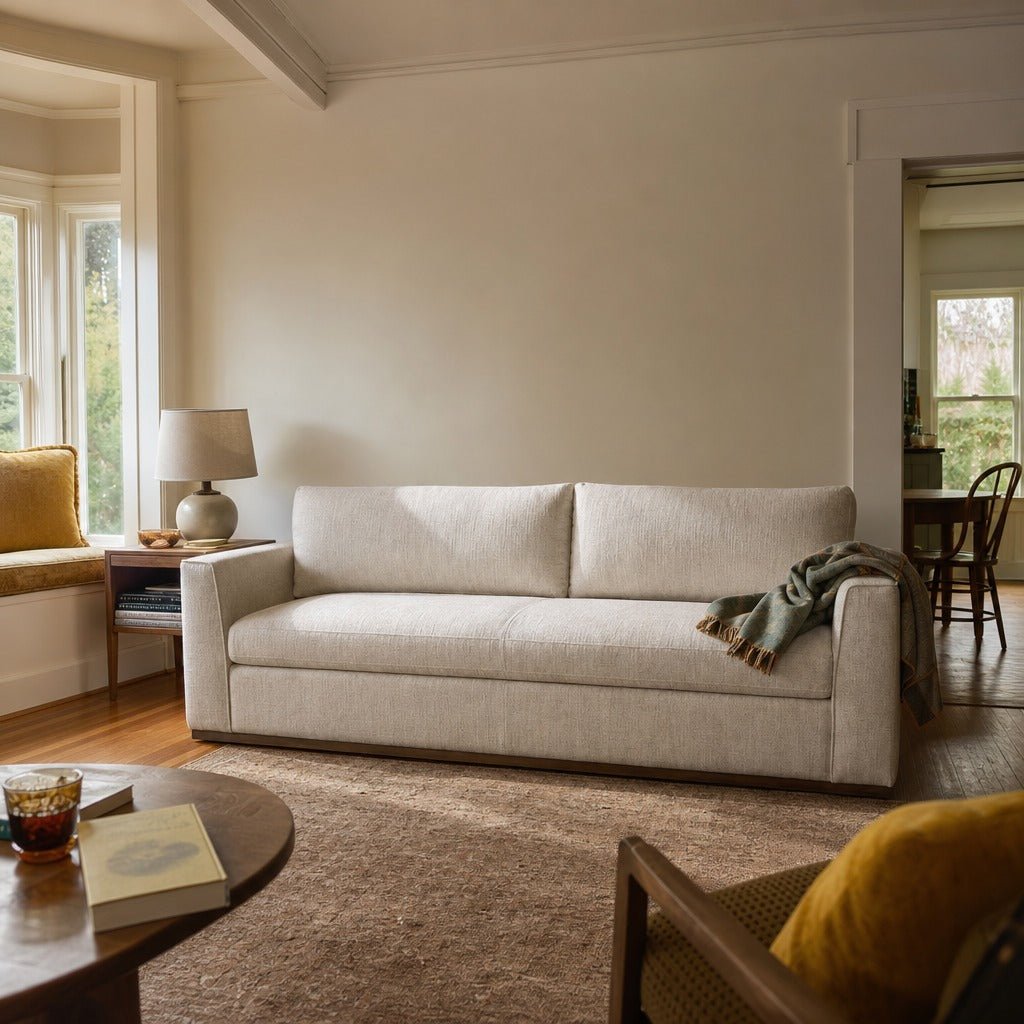 Anderson Sofa in Woven Linen styled in Portland St. Johns bungalow living room - Whats New Furniture