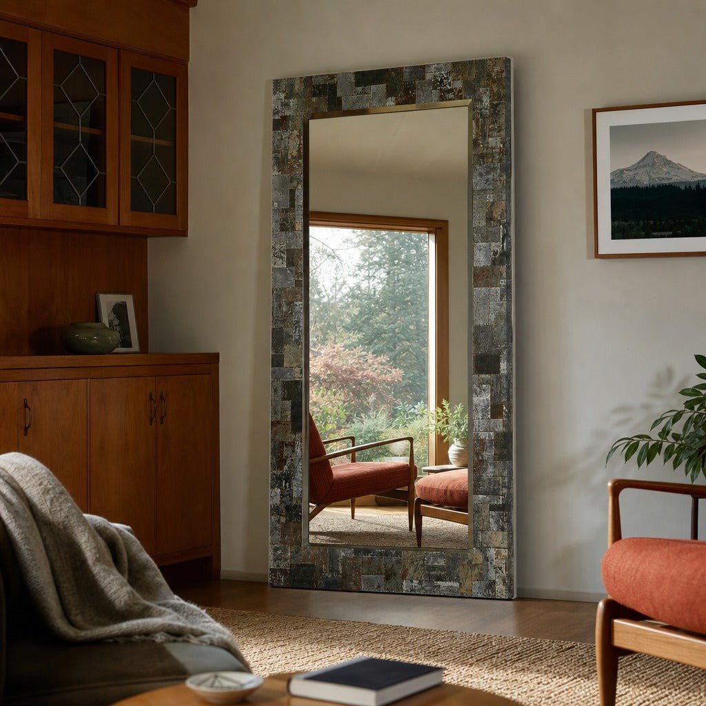 Arcadia Rectangle Mirror styled in Portland Mt. Tabor mid-century daylight ranch living room - Whats New Furniture